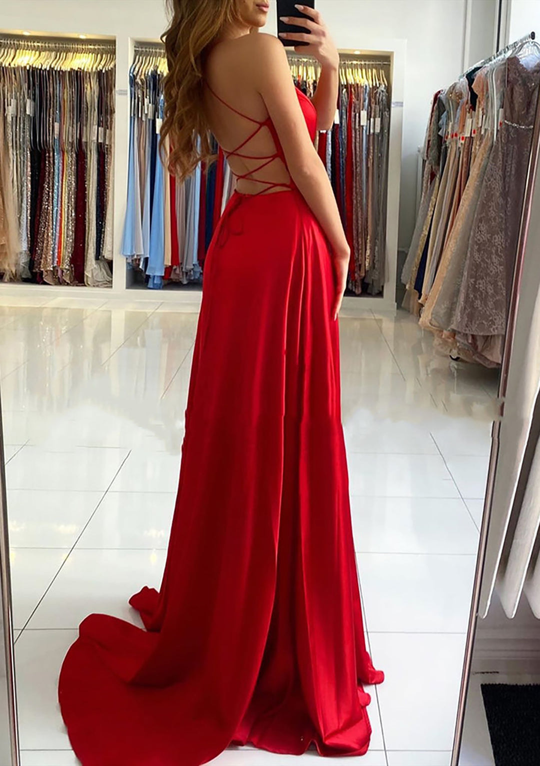 Lumidress Red Sleeveless A-Line Satin Gown with Sweep Train