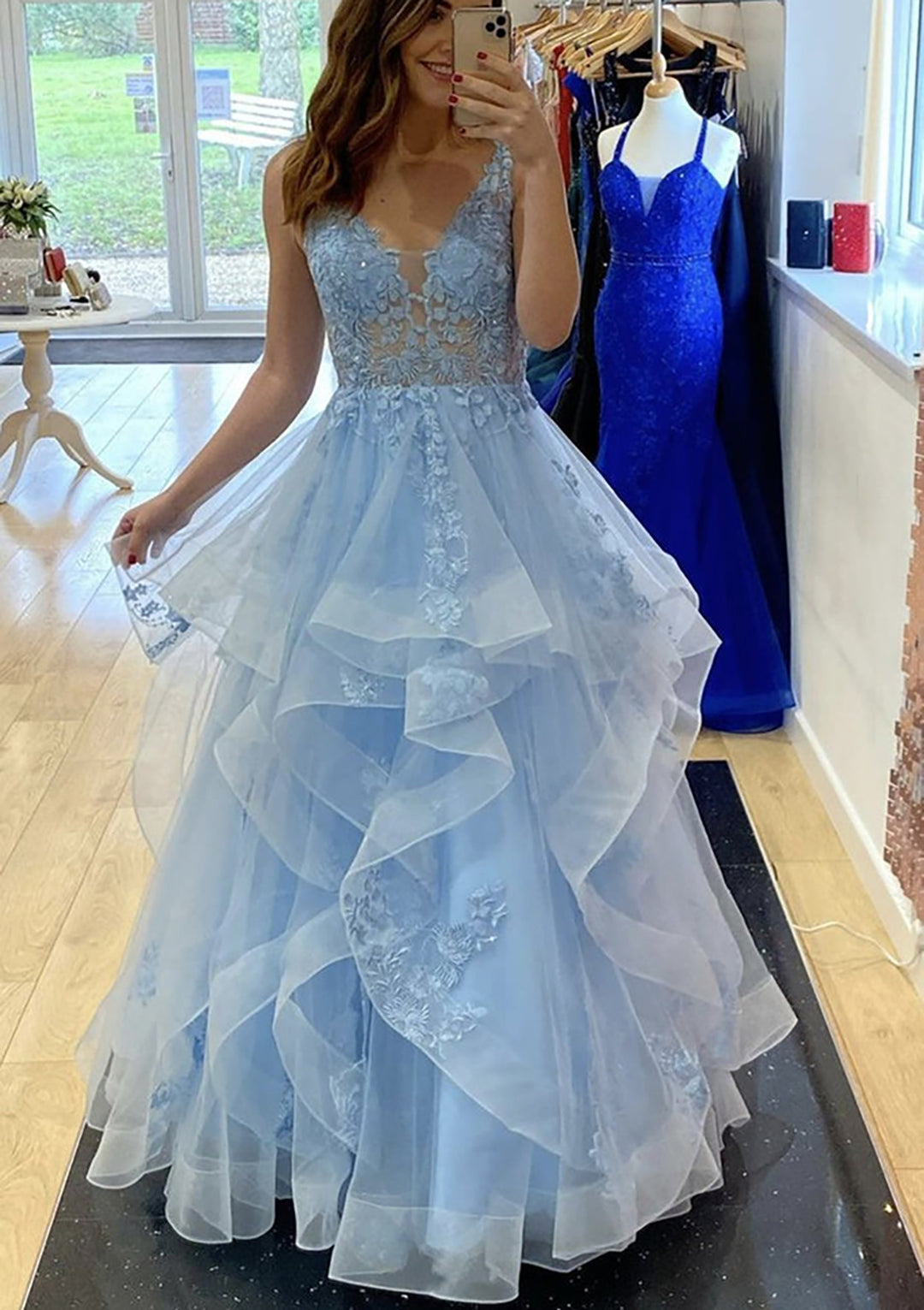 Lumidress Gorgeous A-Line Lace Appliqués &amp; Ruffled Tulle Floor-Length Prom Dress