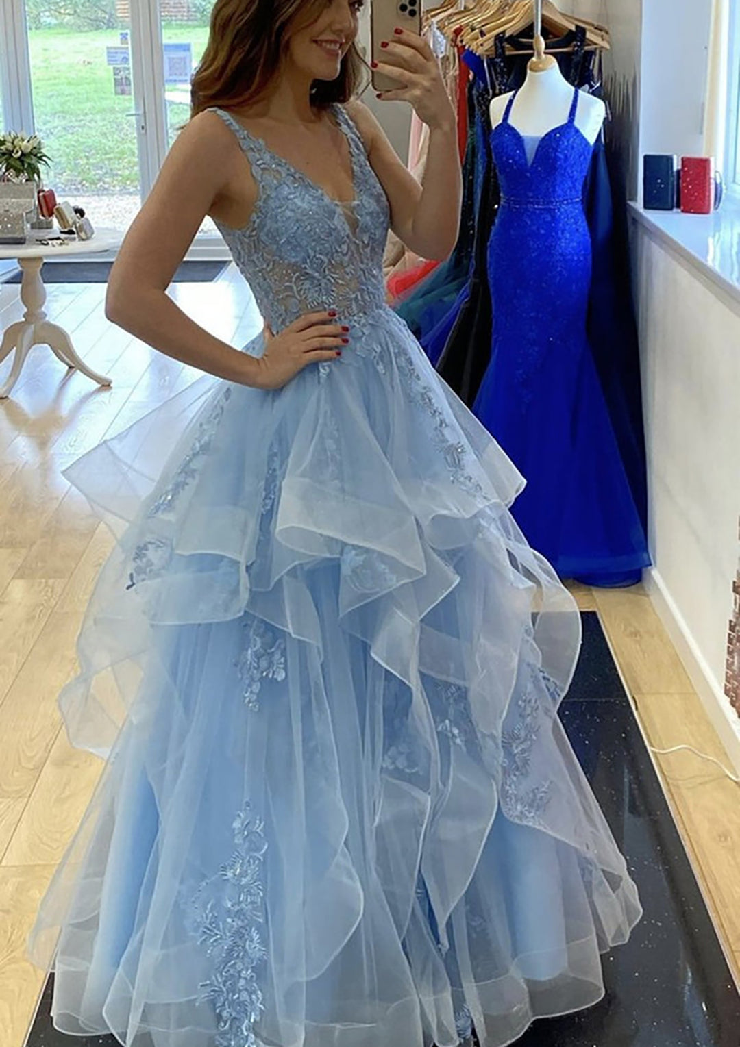 Lumidress Gorgeous A-Line Lace Appliqués &amp; Ruffled Tulle Floor-Length Prom Dress