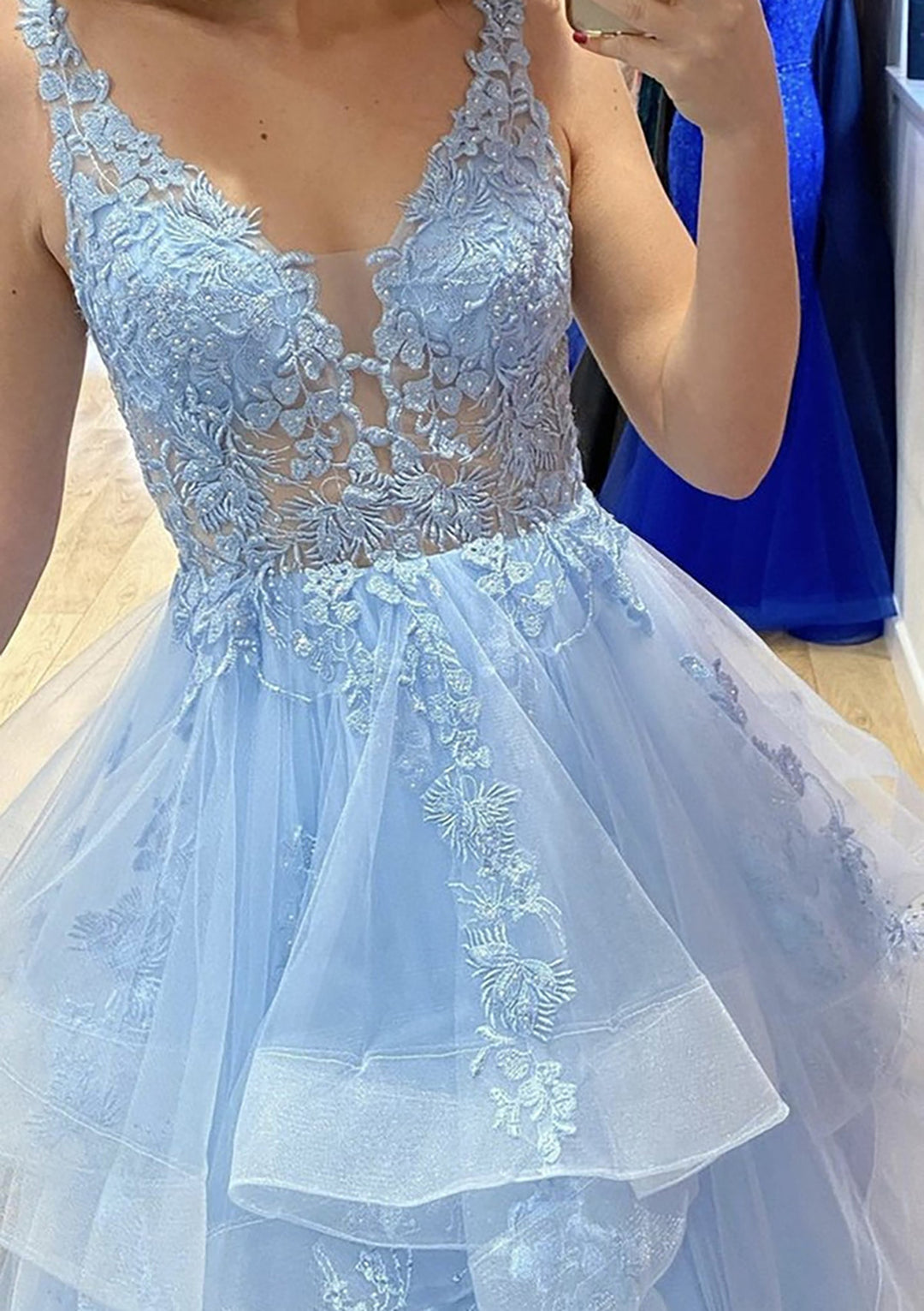 Lumidress Gorgeous A-Line Lace Appliqués &amp; Ruffled Tulle Floor-Length Prom Dress