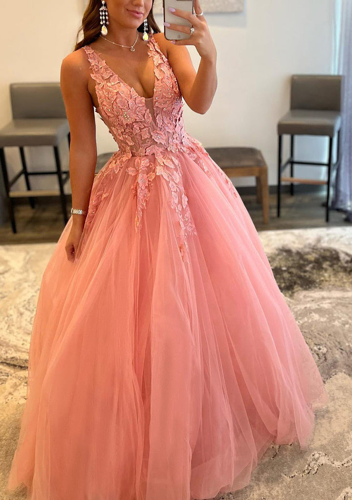 Lumidress Princess A-Line V-Neck Tulle Prom Dress with Beaded Appliqués
