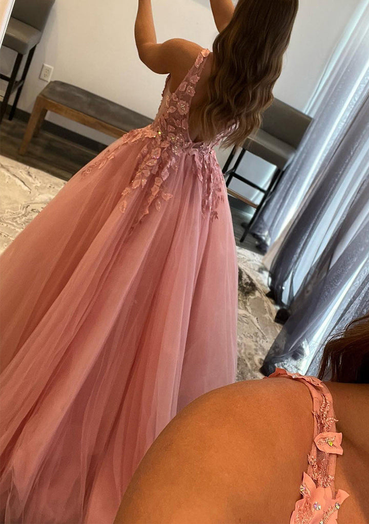 Lumidress Princess A-Line V-Neck Tulle Prom Dress with Beaded Appliqués