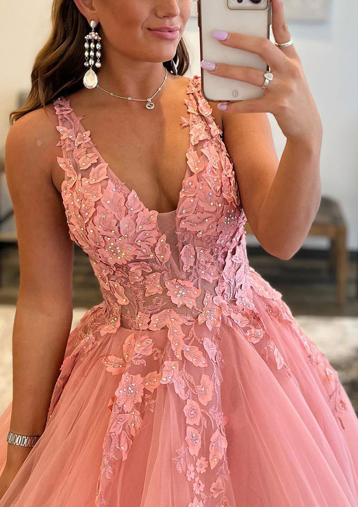 Lumidress Princess A-Line V-Neck Tulle Prom Dress with Beaded Appliqués