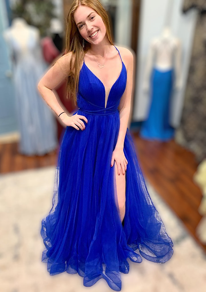 Lumidress V-Neck A-Line Tulle Prom Dress with Spaghetti Straps and Slit