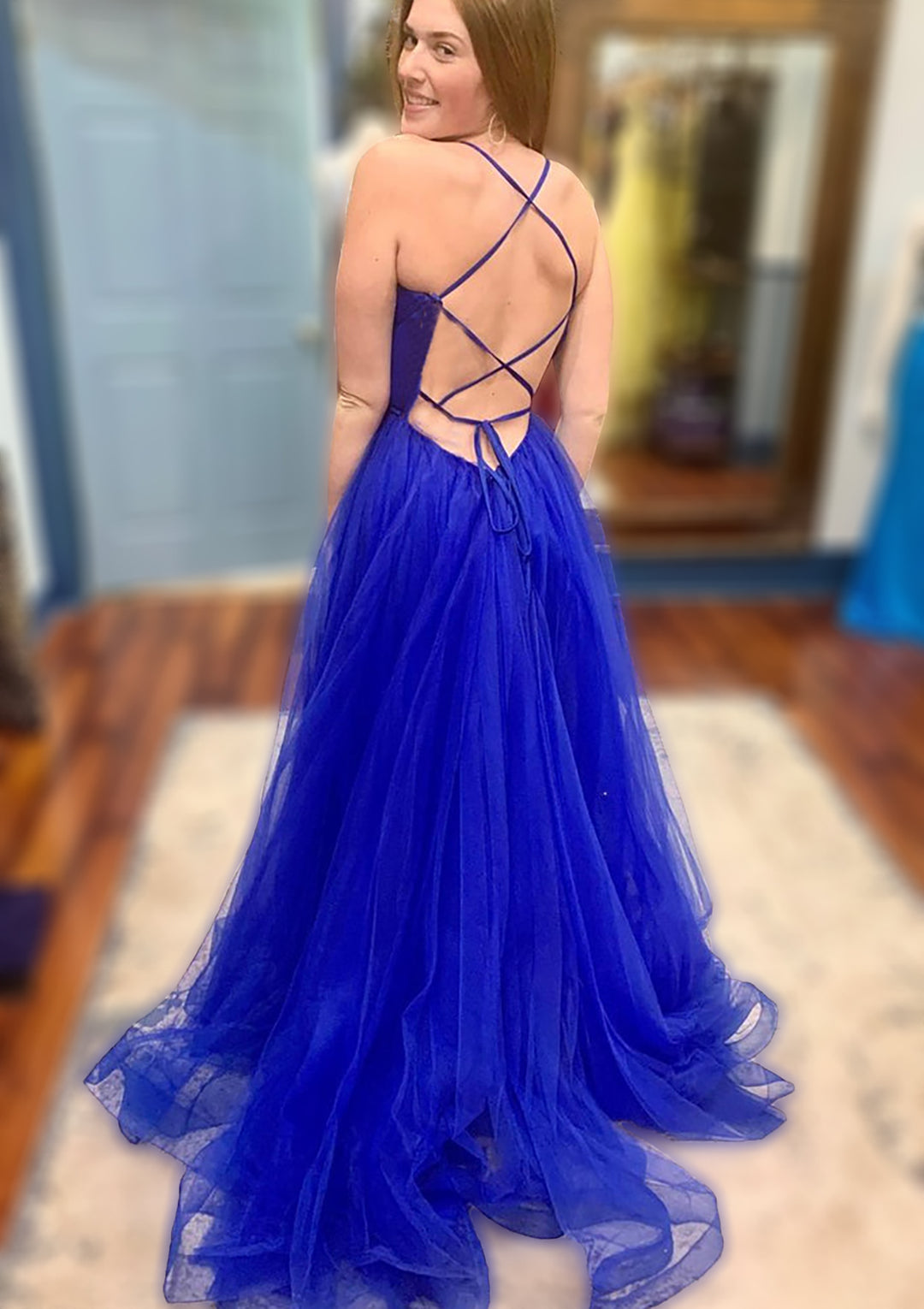 Lumidress V-Neck A-Line Tulle Prom Dress with Spaghetti Straps and Slit