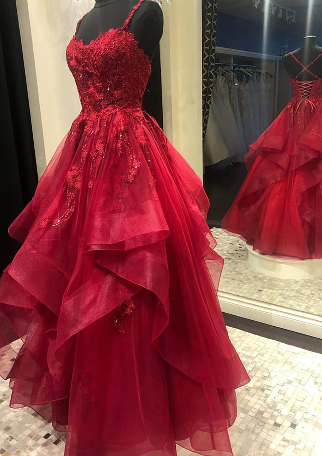 Lumidress Elegant Burgundy Ruffled Lace A-Line Gown