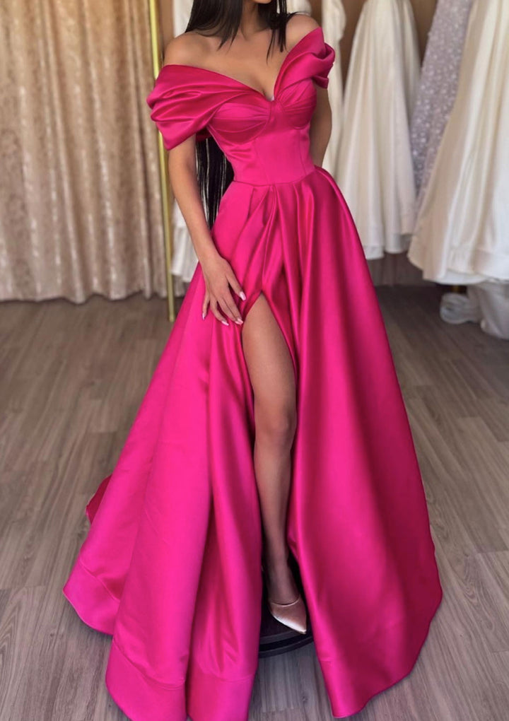 Lumidress Hot Pink A-Line Off-the-Shoulder Satin Prom Dress with Ruffles &amp; Slit