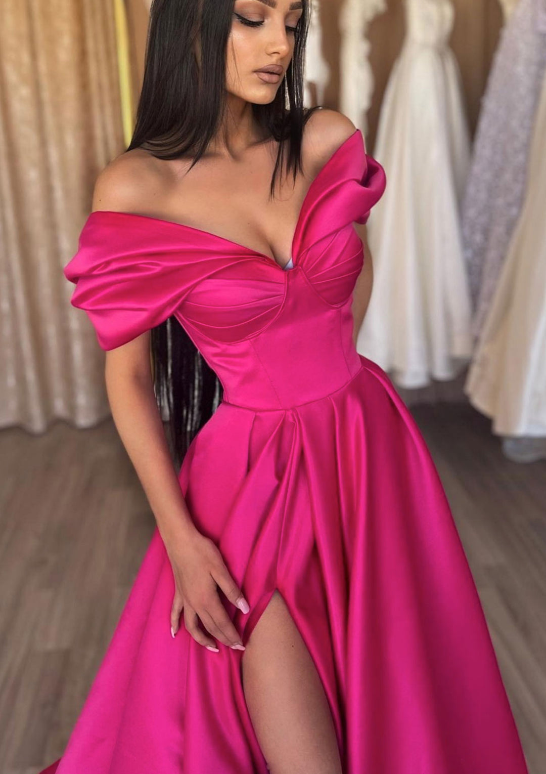 Lumidress Hot Pink A-Line Off-the-Shoulder Satin Prom Dress with Ruffles &amp; Slit