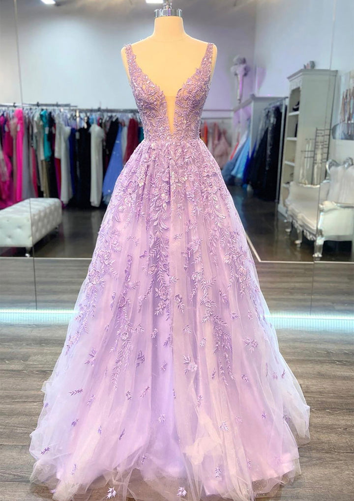 Lumidress Sleeveless V-Neck A-Line Lace Prom Dress with Beading