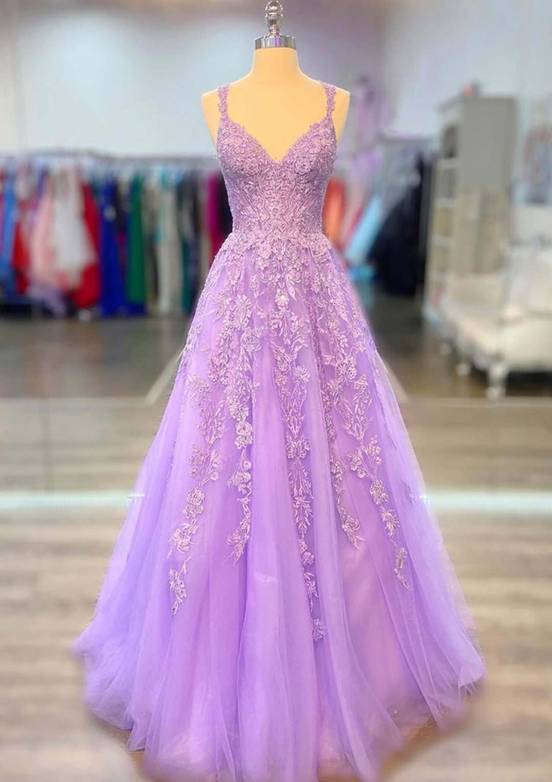 Lumidress Lilac Sleeveless Beaded Lace Appliqués Long Prom Dress