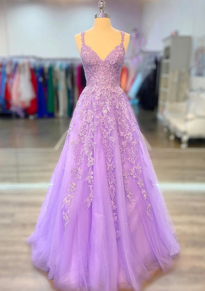 Lumidress Lilac Sleeveless Beaded Lace Appliqués Long Prom Dress