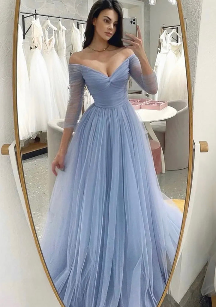 Lumidress Off-the-Shoulder Long Sleeve A-Line Tulle Prom Dress with Pleated