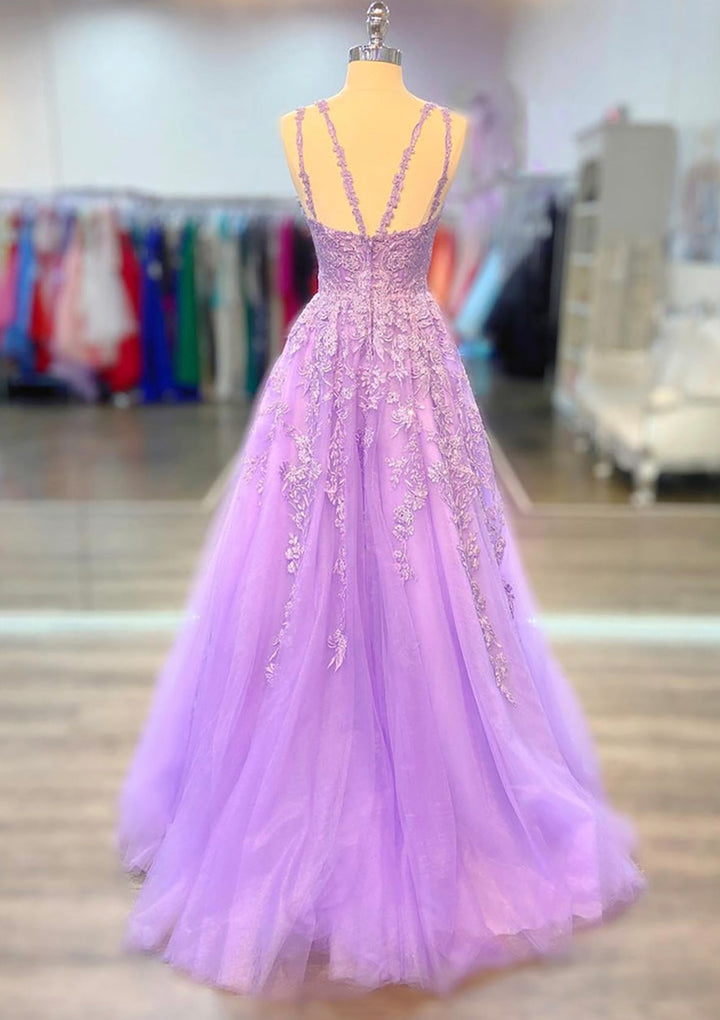 Lumidress Lilac Sleeveless Beaded Lace Appliqués Long Prom Dress