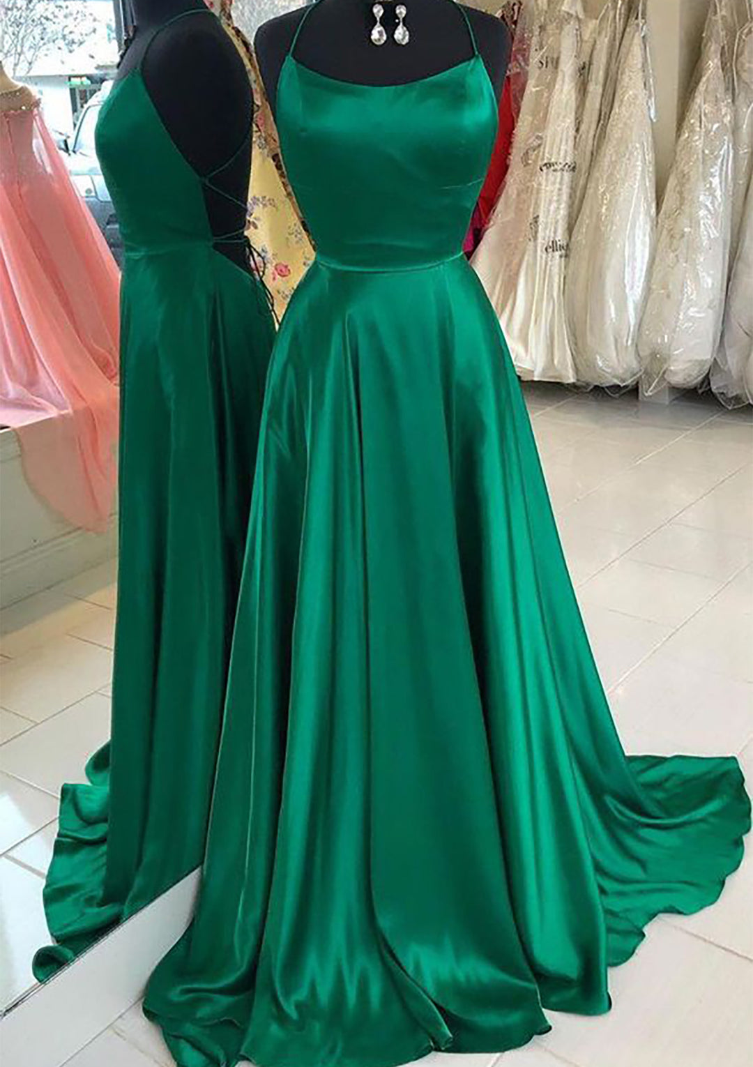 Lumidress Spaghetti Straps Sweep Train Satin A-Line Prom Evening Dress