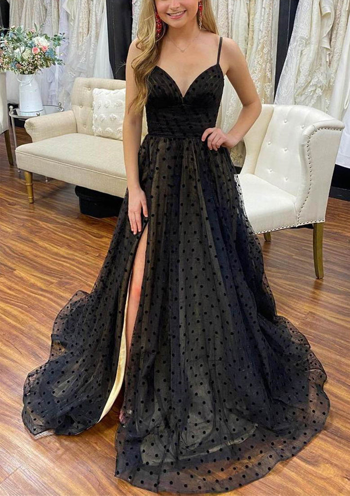 Lumidress Black Polka-Dot Tulle A-Line Spaghetti Strap Prom Dress with Slit