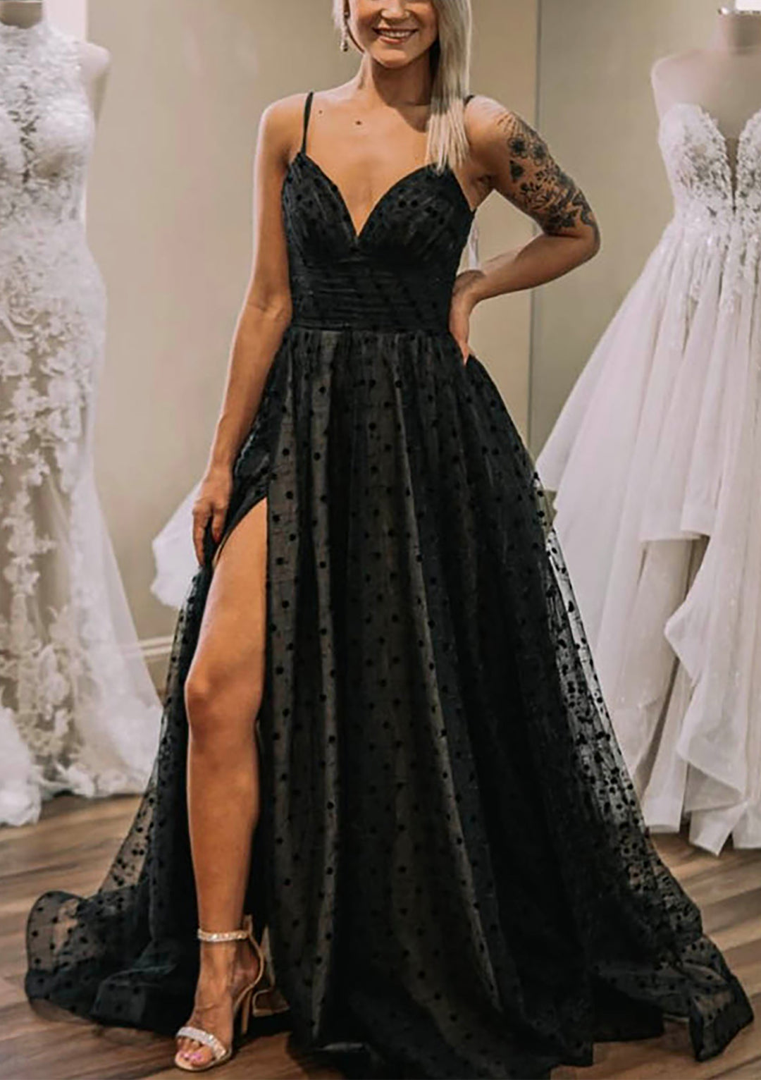 Lumidress Black Polka-Dot Tulle A-Line Spaghetti Strap Prom Dress with Slit