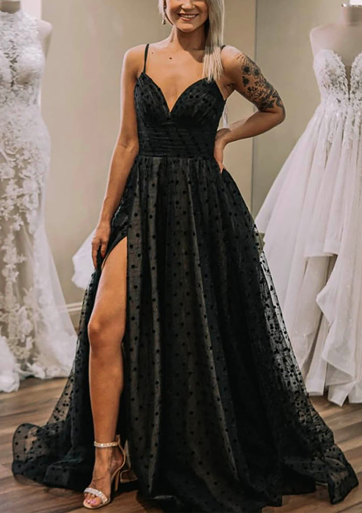 Lumidress Black Polka-Dot Tulle A-Line Spaghetti Strap Prom Dress with Slit