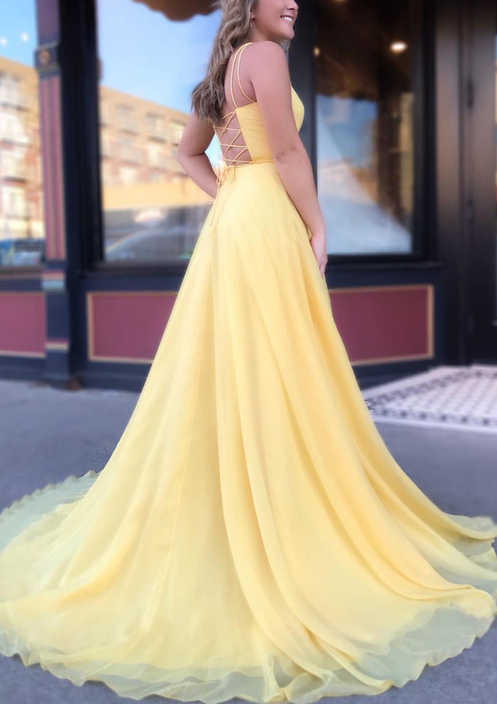 Lumidress Elegant Yellow Square Neck A-Line Chiffon Prom Dress