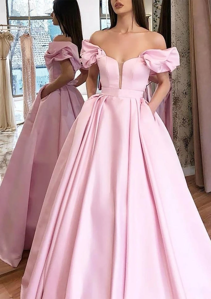 Lumidress Pink Off-the-Shoulder A-Line Satin Gown with Pleated Pockets