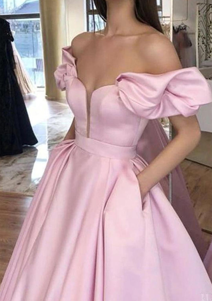 Lumidress Pink Off-the-Shoulder A-Line Satin Gown with Pleated Pockets