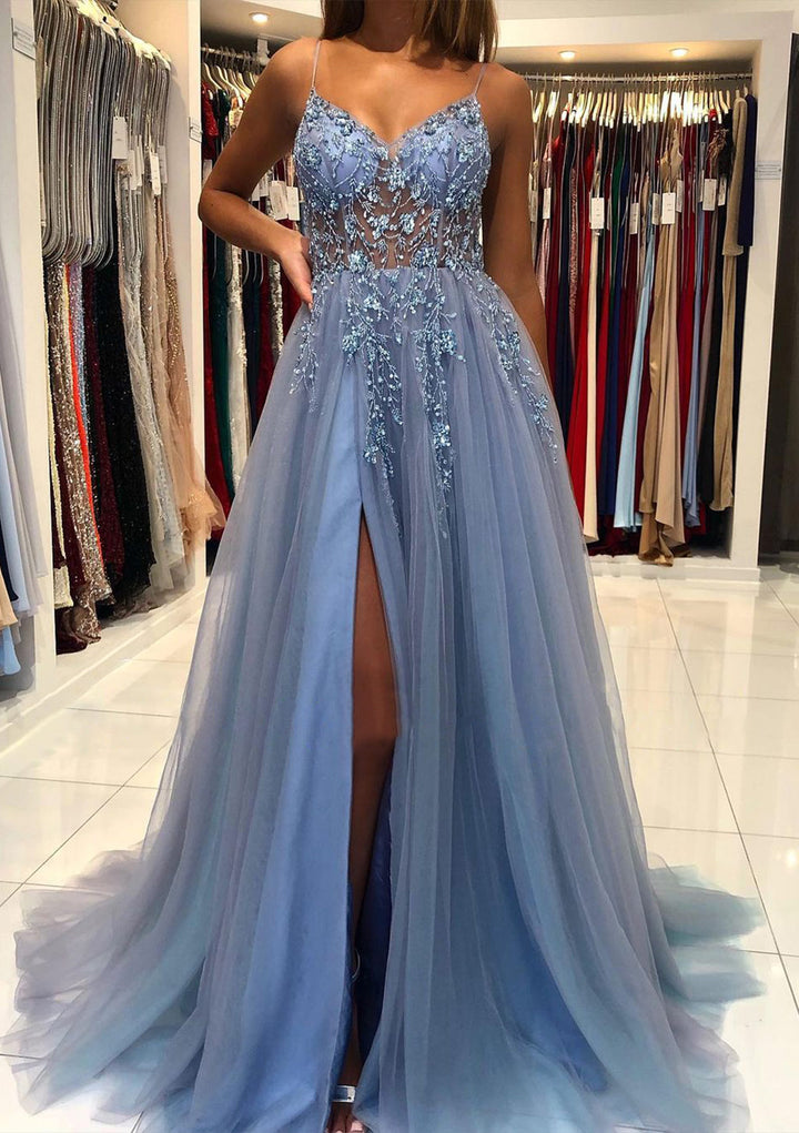 Lumidress A-Line V-Neck Spaghetti Strap Tulle Prom Dress with Beaded Slit