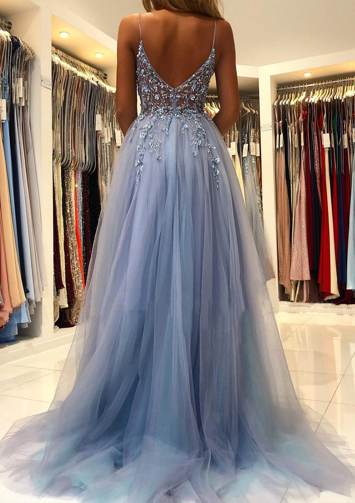 Lumidress A-Line V-Neck Spaghetti Strap Tulle Prom Dress with Beaded Slit