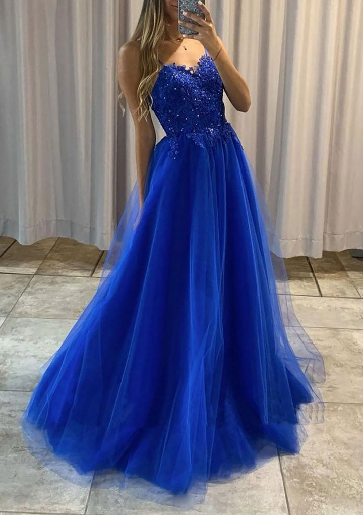Lumidress A-Line Sweetheart Spaghetti Strap Tulle Prom Dress with Beaded Appliqués
