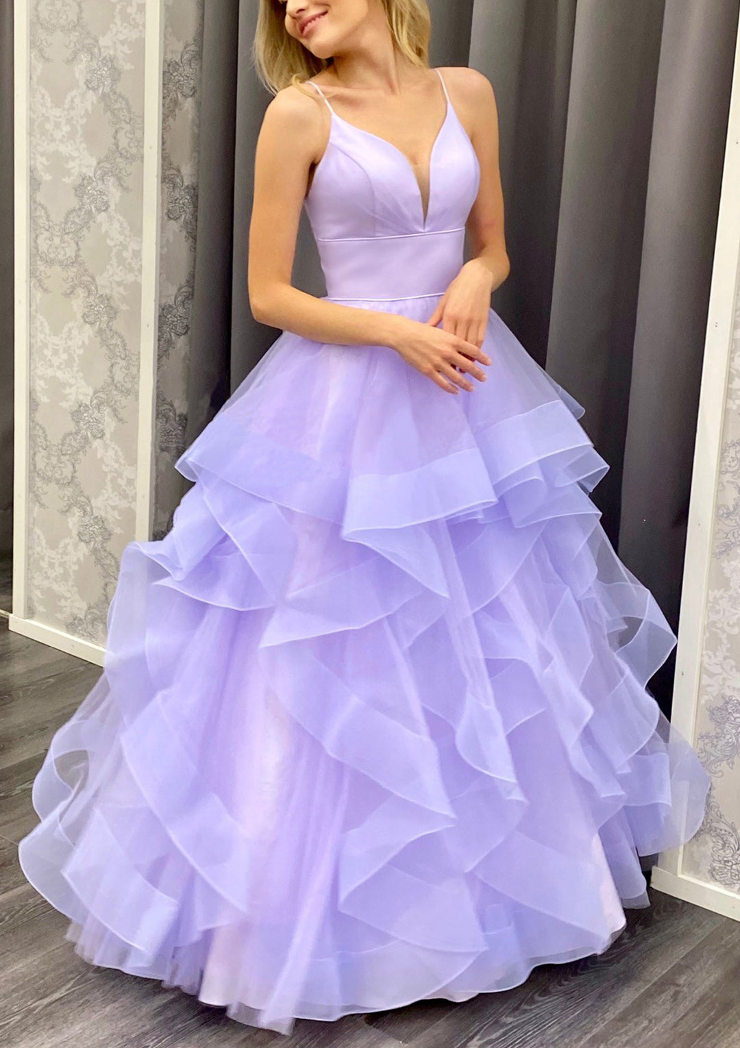 Lumidress Spaghetti Straps A-Line Tulle Prom Dress with Ruffled Hem