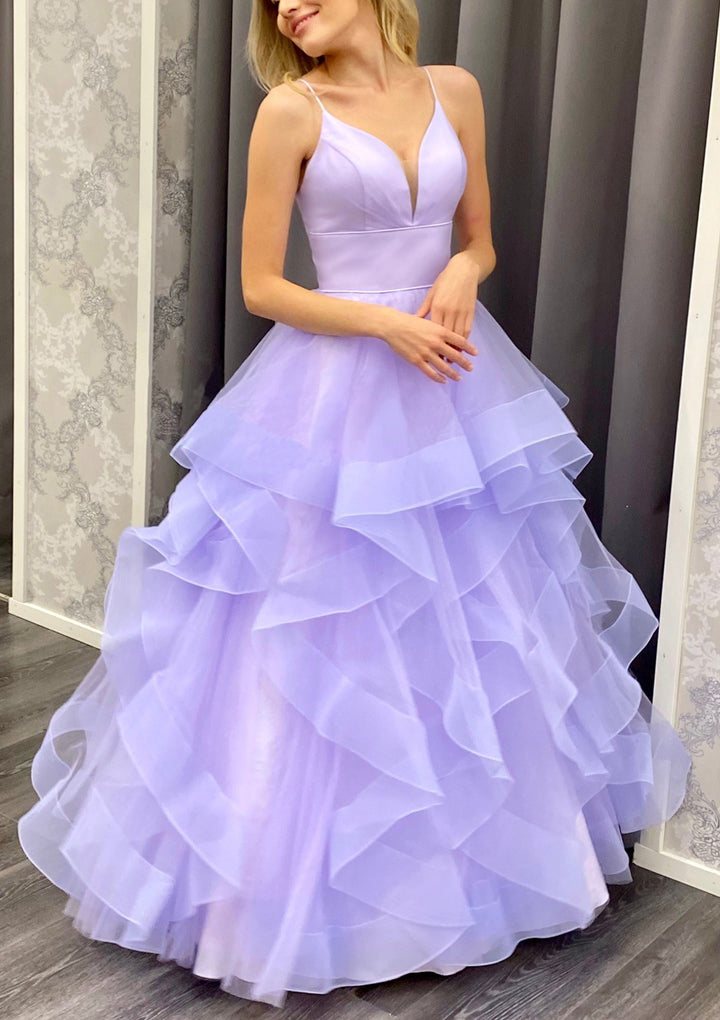Lumidress Spaghetti Straps A-Line Tulle Prom Dress with Ruffled Hem