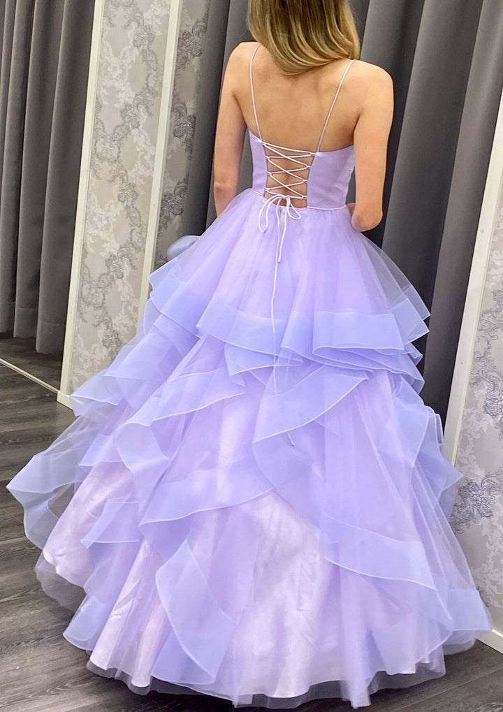 Lumidress Spaghetti Straps A-Line Tulle Prom Dress with Ruffled Hem