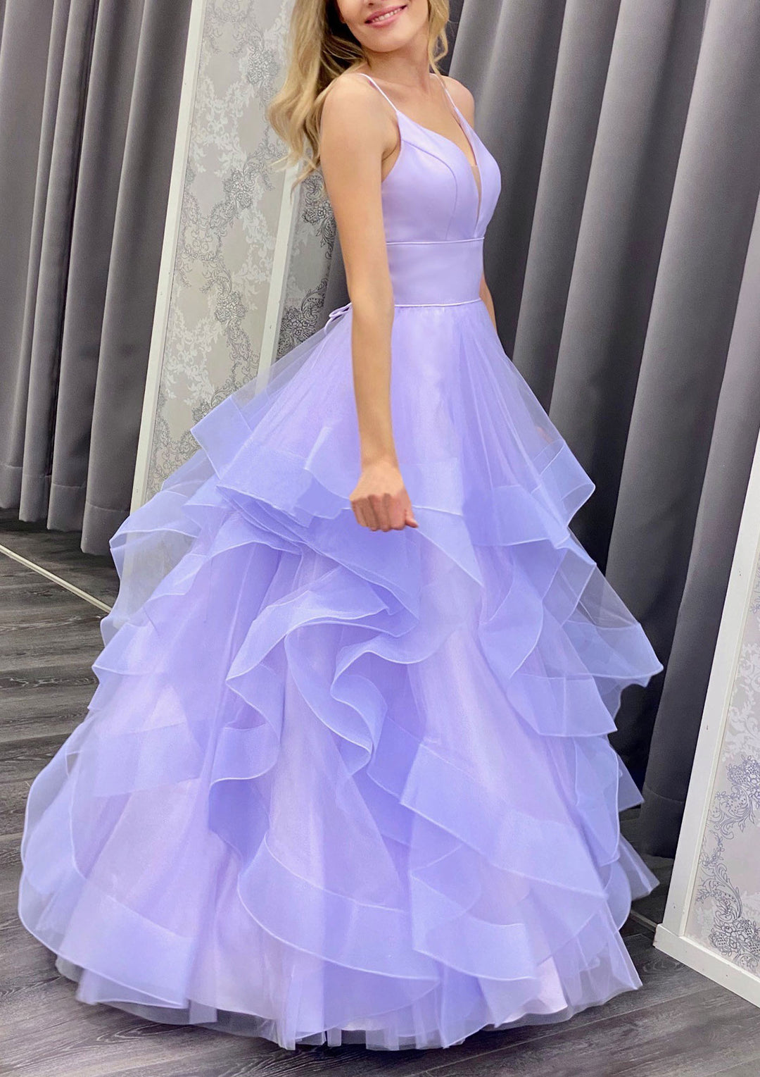 Lumidress Spaghetti Straps A-Line Tulle Prom Dress with Ruffled Hem