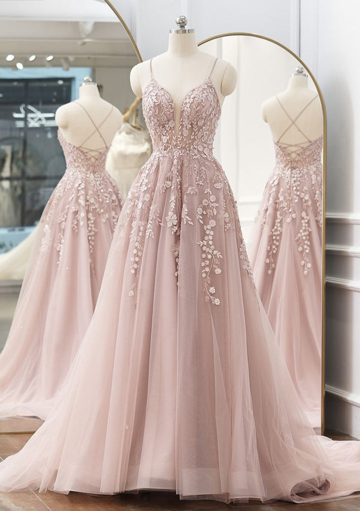Lumidress Dusty Pink A-Line V-Neck Tulle Prom Dress with Spaghetti Straps