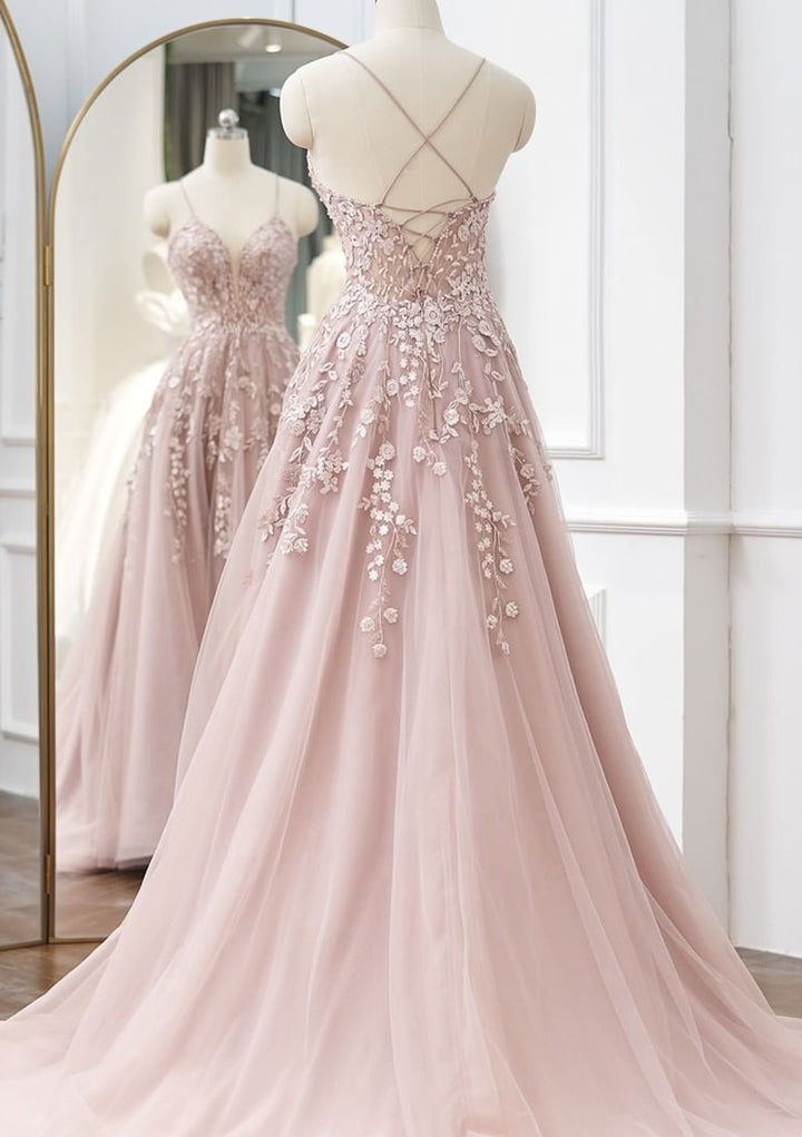 Lumidress Dusty Pink A-Line V-Neck Tulle Prom Dress with Spaghetti Straps