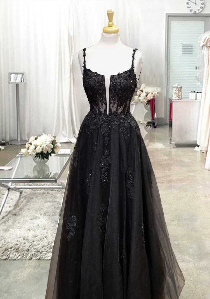 Lumidress Floor-Length A-Line Tulle Dress with Square Neck &amp; Glitter Detail