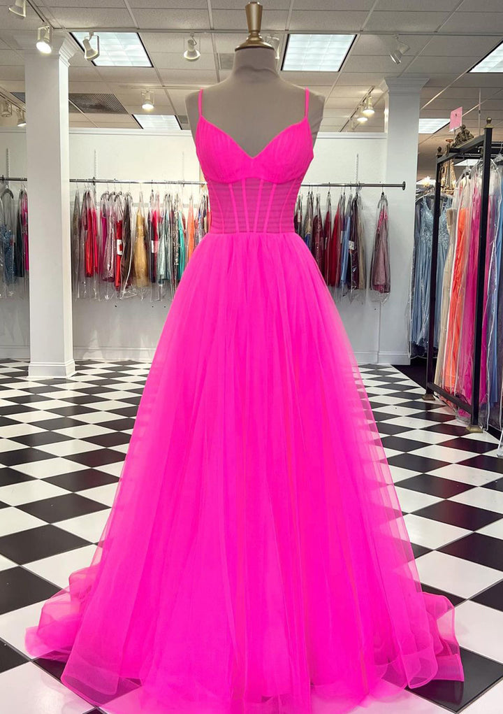 Lumidress Romantic A-Line V-Neck Tulle Prom Dress with Pleated