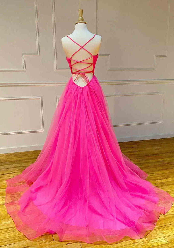 Lumidress Romantic A-Line V-Neck Tulle Prom Dress with Pleated