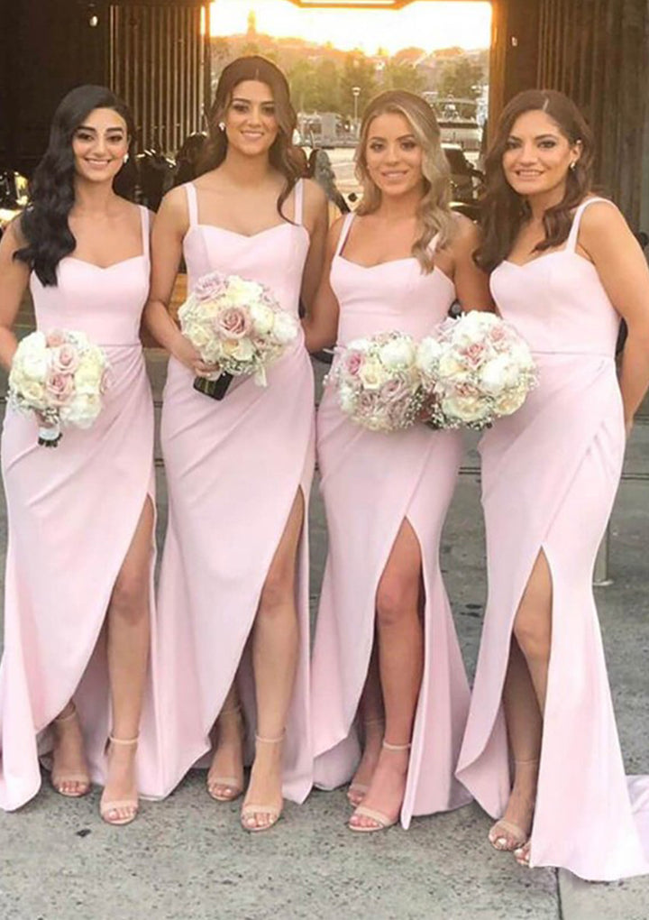 Lumidress Pink Spaghetti Straps Satin Bridesmaid Dress With High Slit