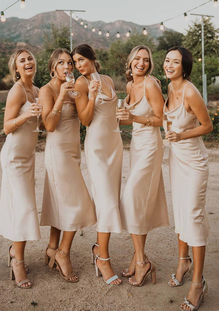 Lumidress Cowl Neck Sleeveless Tea-Length Satin Bridesmaid Dress