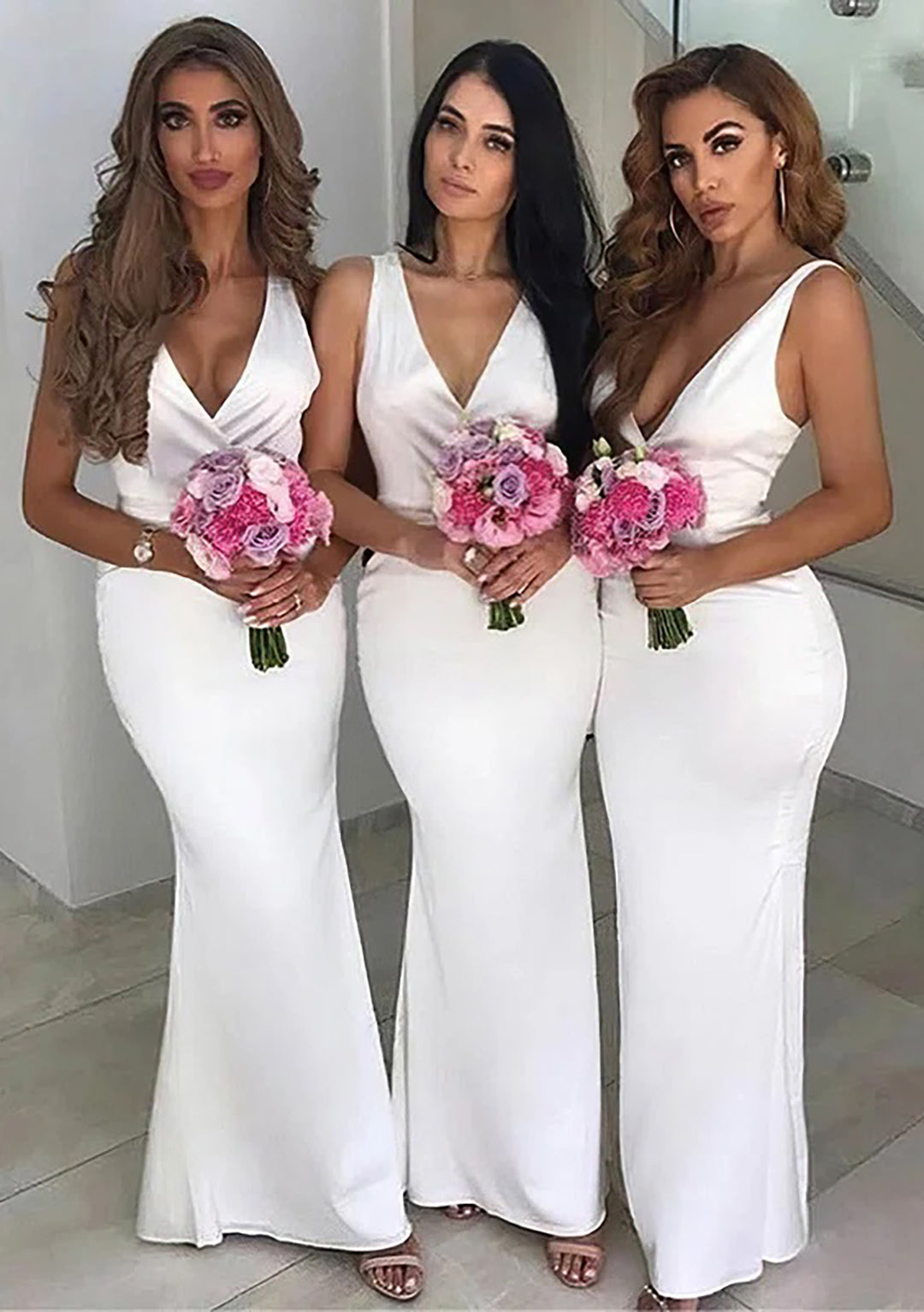 Lumidress White Satin Floor-Length Bridesmaid Dress With Pleated