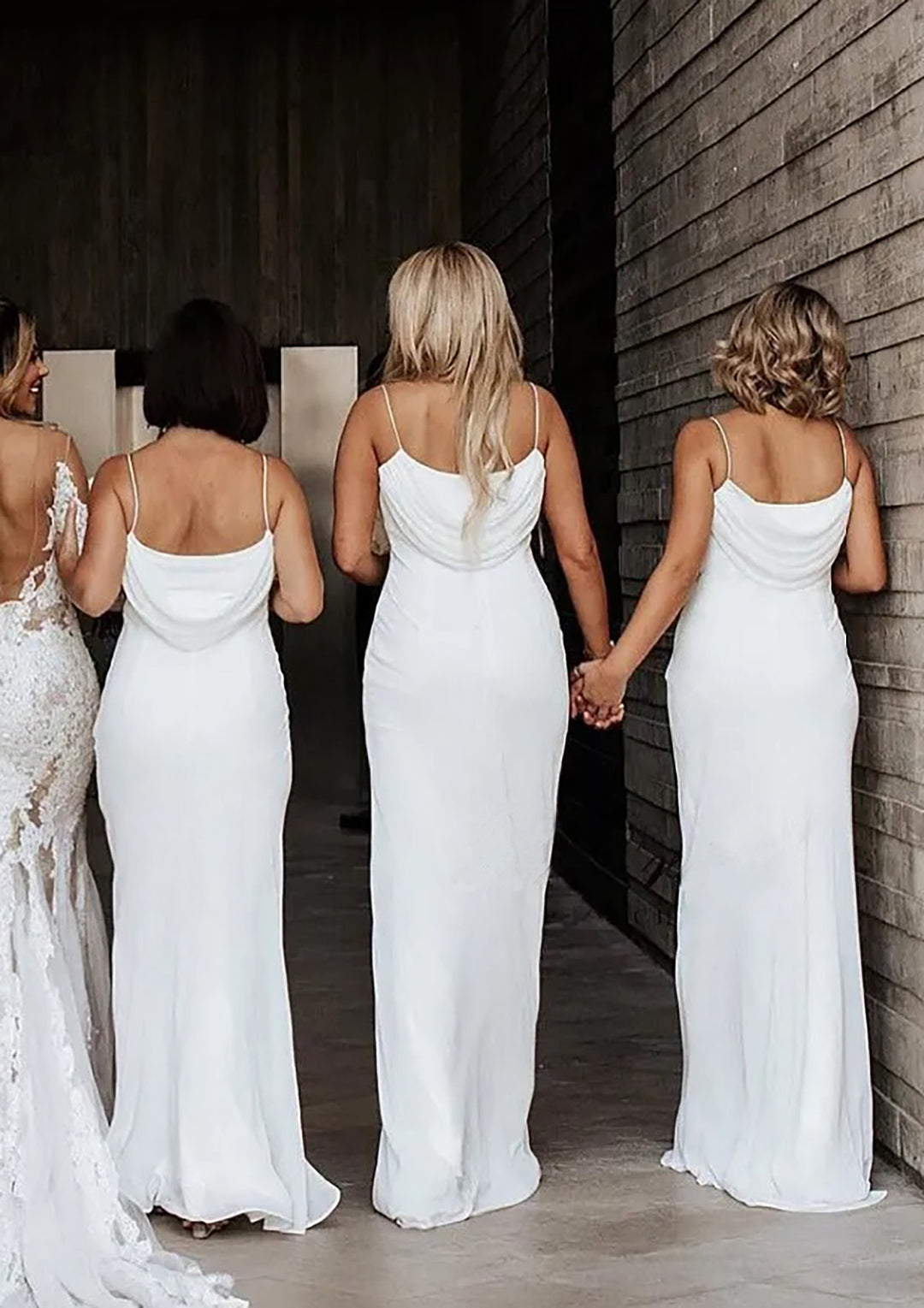 Lumidress Ivory Cowl Neck Spaghetti Straps Long Satin Bridesmaid Dress