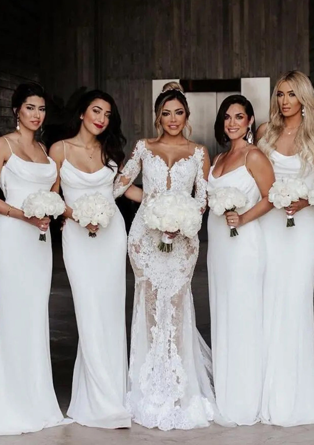 Lumidress Ivory Cowl Neck Spaghetti Straps Long Satin Bridesmaid Dress
