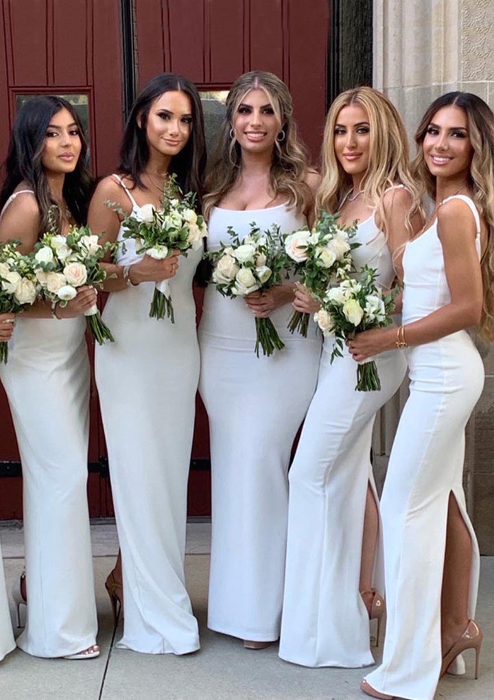 Lumidress Elegant White Sheath Satin Floor-Length Bridesmaid Dresses with Split
