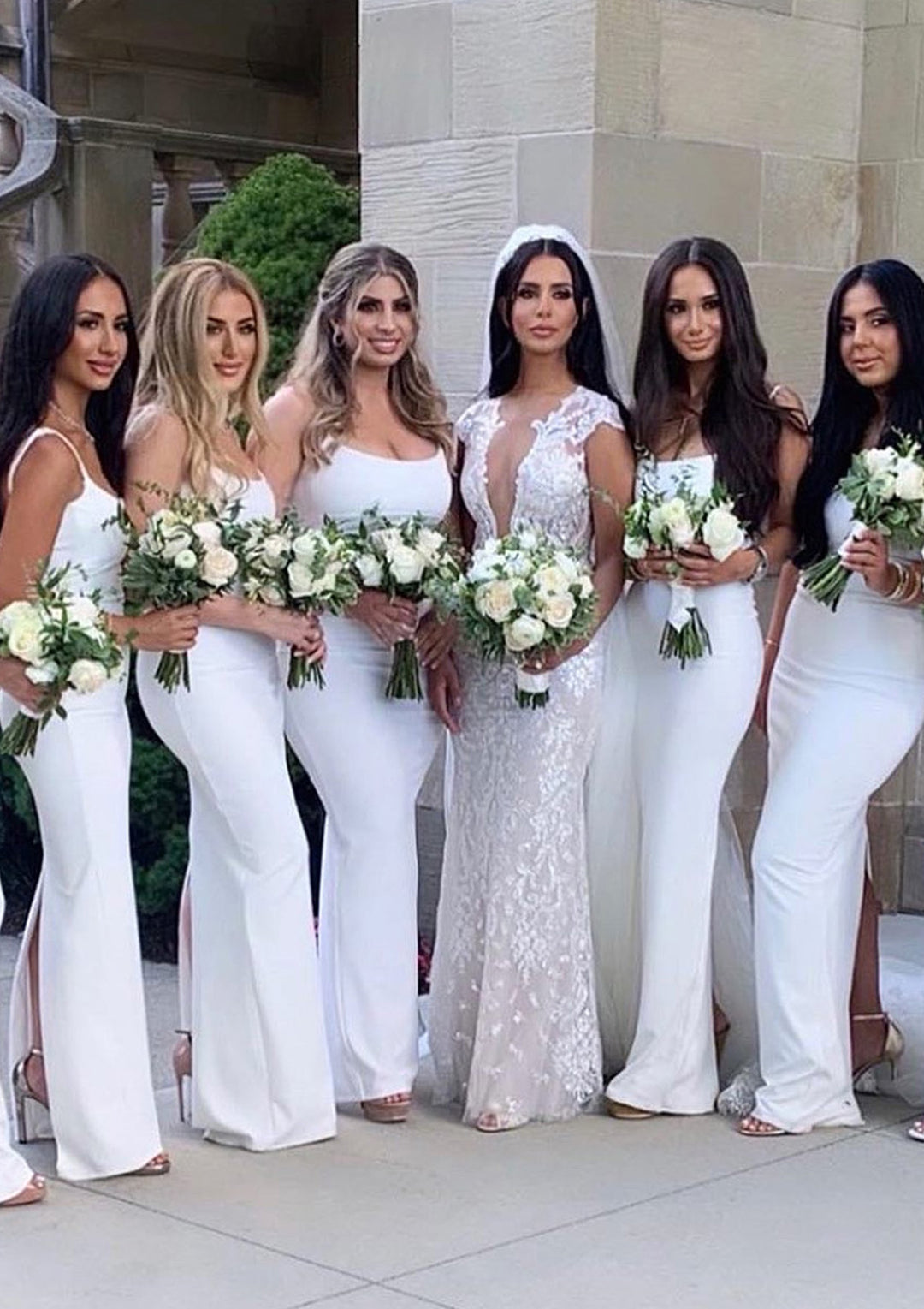 Lumidress Elegant White Sheath Satin Floor-Length Bridesmaid Dresses with Split