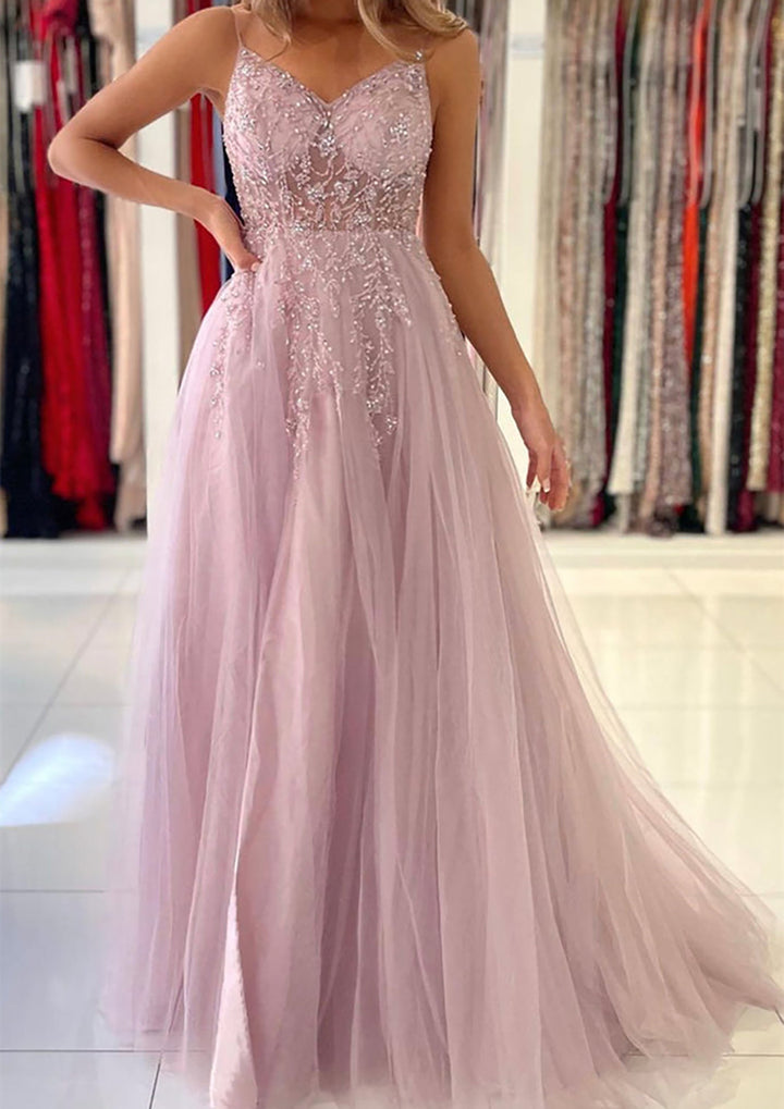 Lumidress A-Line V-Neck Spaghetti Strap Tulle Prom Dress with Beaded Slit