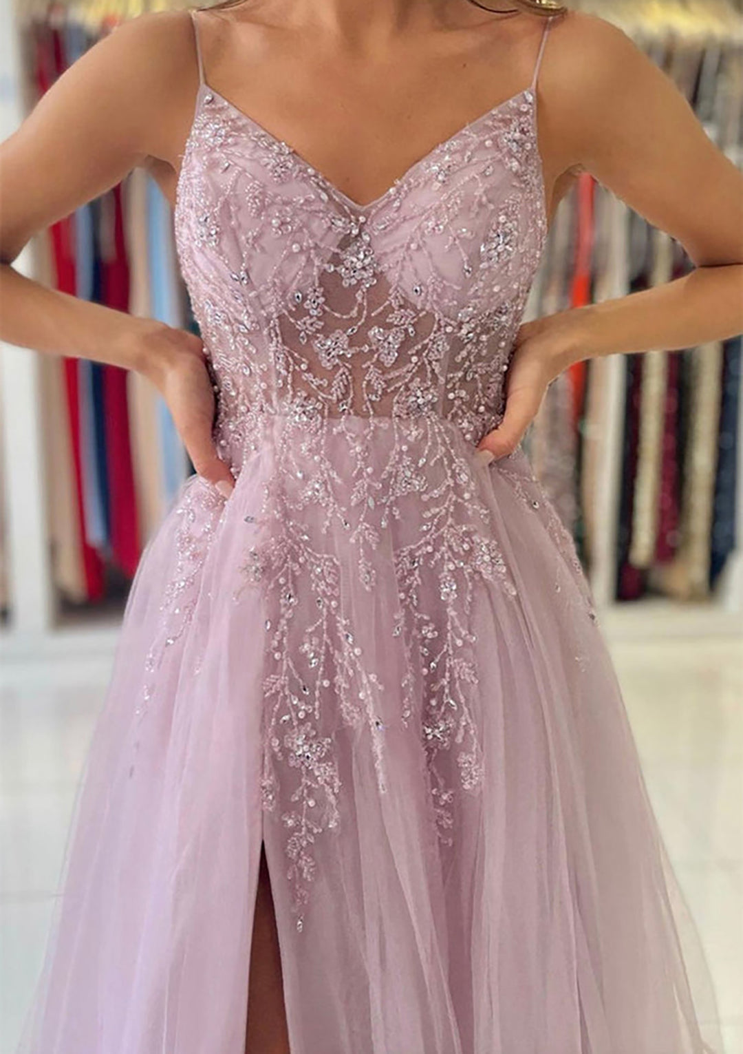 Lumidress A-Line V-Neck Spaghetti Strap Tulle Prom Dress with Beaded Slit