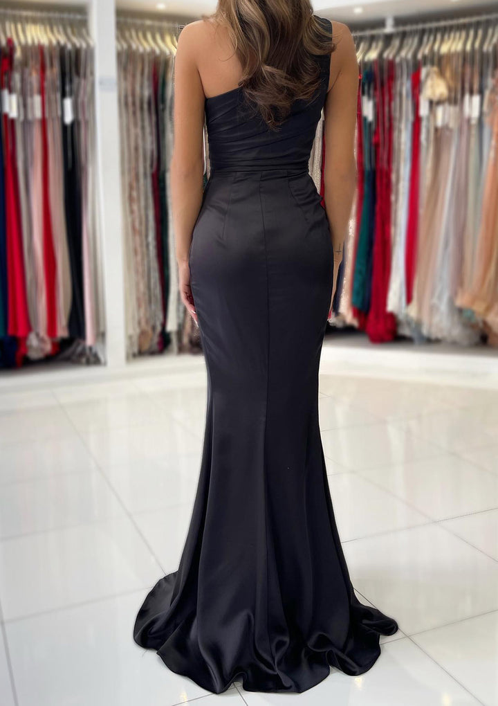 Lumidress Black One-Shoulder Satin Long Slit Prom Dress
