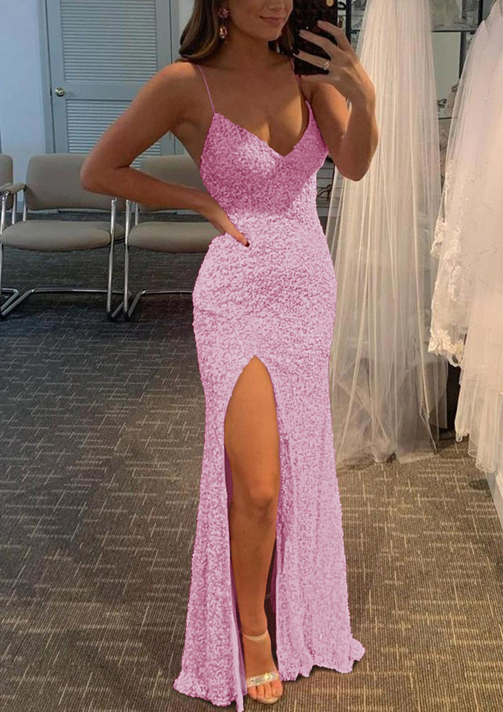 Lumidress Pink V-Neck Spaghetti Strap Velvet Sequin Long Sheath Prom Dress
