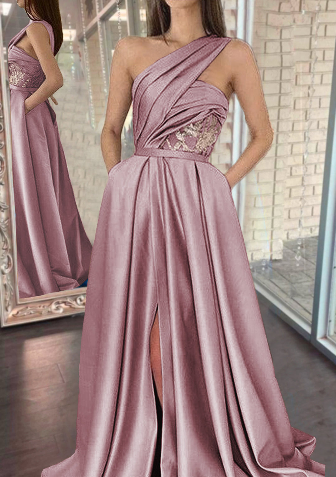 Lumidress One-Shoulder Sleeveless Satin Prom Dress with Sweep Train &amp; Side Split