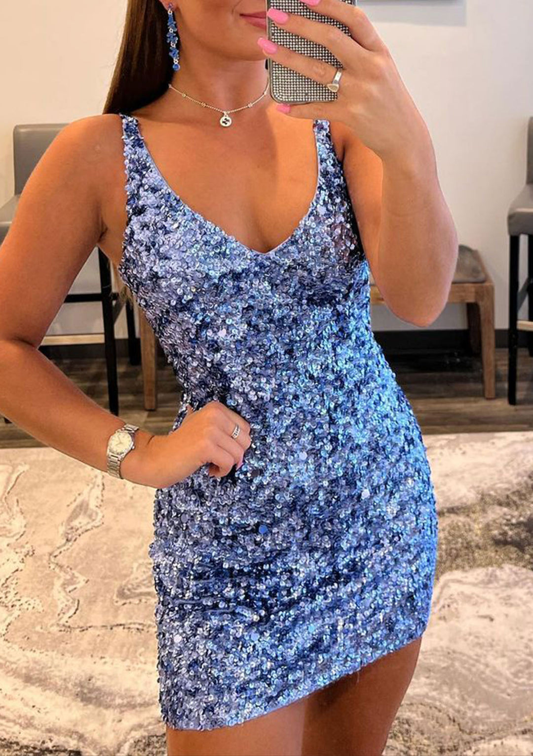 Lumidress Sky Blue Elegant Velvet Sequin V-Neck Sheath Mini Homecoming Dress