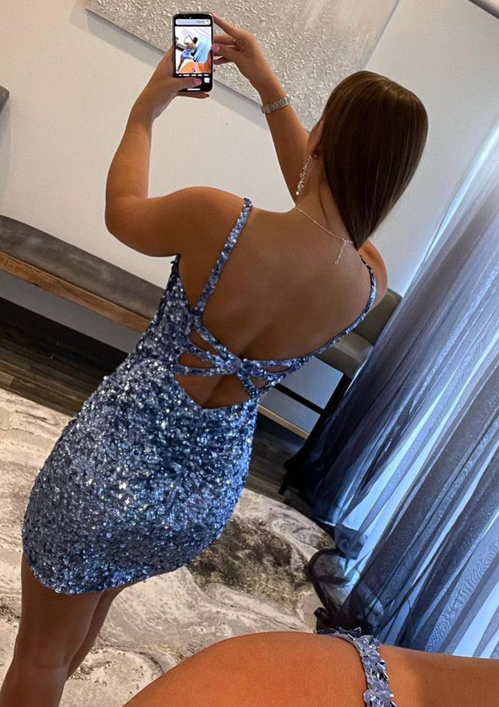 Lumidress Sky Blue Elegant Velvet Sequin V-Neck Sheath Mini Homecoming Dress